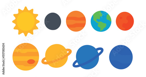 Flat vector icons of planetary system: sun, Mercury, Venus, Earth, Mars, Jupiter, Saturn, Uranus, Neptune.