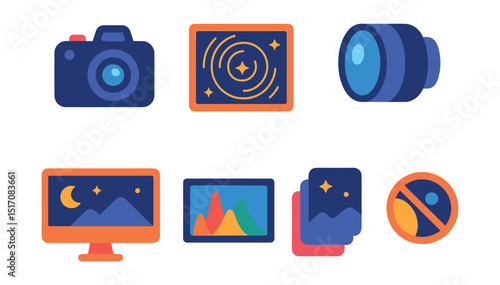 Flat vector icons of astrophotography: DSLR camera, star trail photo, wide angle lens, camera on tripod, night photo processing, photo histogram, image stacking, light pollution filter.