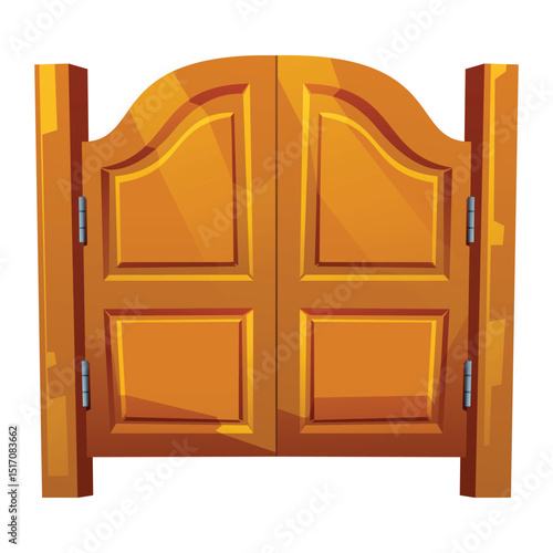 Classic decorative panel western saloon doors with carved shapes and vivid wood texture. Vector cartoon illustration