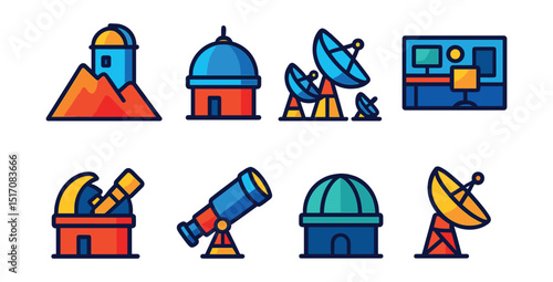 Flat vector icons of observatory structures: mountain observatory, dome building, satellite dish array, control room, open roof observatory, space telescope, stargazing dome, radar antenna.