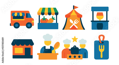 Flat vector icons of food events: food truck, farmers market, food festival tent, tasting booth, pop-up restaurant, chef demo, cooking competition, event pass.