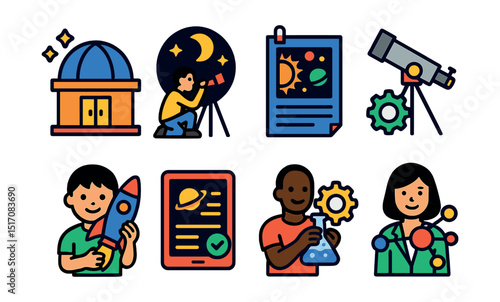 Flat vector icons of educational astronomy experiences: school planetarium, student stargazing, astronomy club poster, telescope workshop, DIY rocket, space quiz, hands-on science, teacher with model