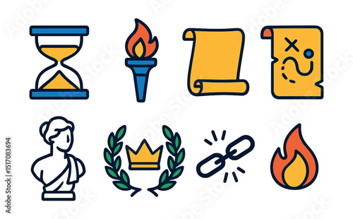Flat vector icons of timeless historical symbols: hourglass, torch of knowledge, open scroll, ancient map, marble statue, crown and laurel, broken chain, flame of memory.