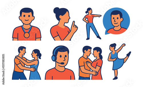 Flat vector icons of dance instructors and guidance: dance coach icon, correction gesture, instructor demo, feedback bubble, leading move, teacher headset, private lesson, technique demo.