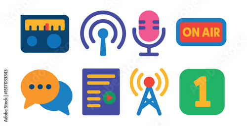 Flat vector icons of radio and podcast: FM dial, radio waves, podcast mic, on air sign, talk bubbles, podcast list, radio antenna, episode icon.