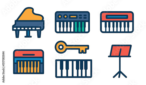Flat vector icons of musical instruments – keys: grand piano, keyboard, synth pad, digital piano, organ, key icon, note layout, music stand.