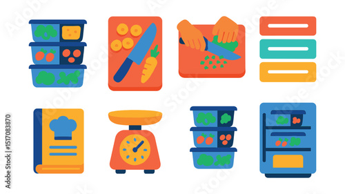 Flat vector icons of meal prep and batch cooking: meal containers, ingredient prep station, chopping in bulk, storage labels, batch recipes, portion scale, stack of meals, fridge with meals.