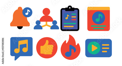 Flat vector icons of music discovery: new release alert, similar artist icon, curated playlist, explore feed, music blog post, recommendation icon, discovery flame, track preview.