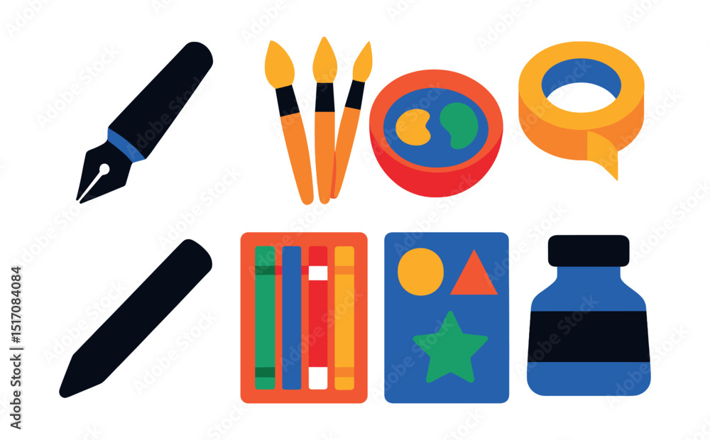 Flat vector icons of artist tools: drawing pen, brush pack, color mixing bowl, masking tape, charcoal stick, pastel box, stencil set, ink bottle. Flat vector icons of artist tools: drawing pen, brush pack, color mixing bowl, masking tape, charcoal stick, pastel box, stencil set, ink bottle.