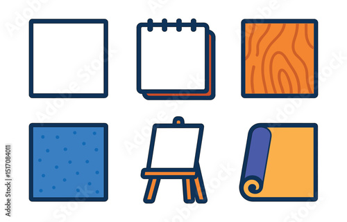 Flat vector icons of canvas and surfaces: blank canvas, stretched canvas, sketchpad, wood panel, texture surface, paper roll, canvas on easel, toned paper.