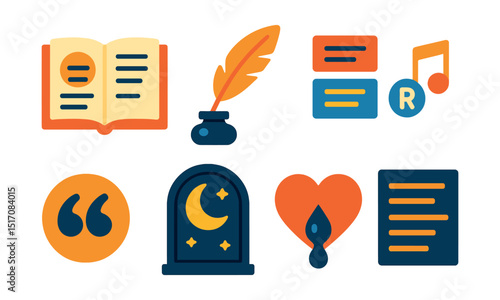 Flat vector icons of poetic expression: open book of poetry, feather pen, stanza blocks, rhyming words, lyrical quote icon, moonlight window, heart with ink, free verse layout.