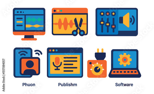 Flat vector icons of podcast software and tools: DAW interface icon, editing software icon, virtual mixer, sound effects library, remote interview app, publishing platform, audio plugin symbol,