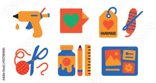 Flat vector icons of DIY and craft: glue gun, paper craft icon, thread and needle, handmade tag, scissors and twine, painted jar, craft tools, scrapbooking.