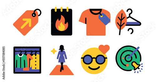 Flat vector icons of fashion trends: trending tag, hot list, new arrival icon, fashion season icon, capsule wardrobe, fashion week trend, viral look, style radar.