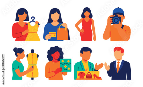 Flat vector icons of fashion careers: stylist, fashion buyer, model, photographer, pattern maker, textile designer, merchandiser, runway director.
