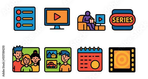 Flat vector icons of animation series: episode list, streaming platform icon, binge-watch icon, series logo design, main characters lineup, scene continuity chart, weekly release calendar, animated