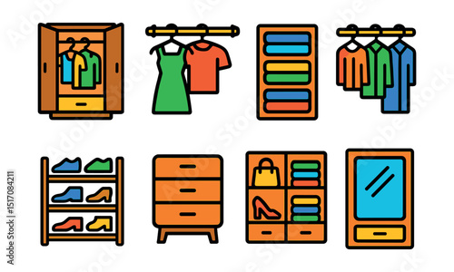 Flat vector icons of wardrobes and closets: open wardrobe, hanging clothes, folded shelves, color sorting, shoe rack, closet drawer, fashion organizer, wardrobe mirror.