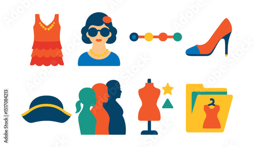Flat vector icons of fashion icons and history: 1920s dress, retro look, fashion decade timeline, iconic shoe, historical headwear, silhouette evolution, vintage trend, fashion archive.