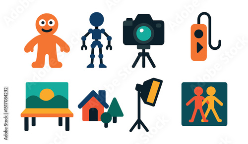 Flat vector icons of stop-motion animation: clay character, armature puppet, DSLR camera setup, frame advance remote, stop-motion stage, miniature props, light setup, onion-skin overlay.