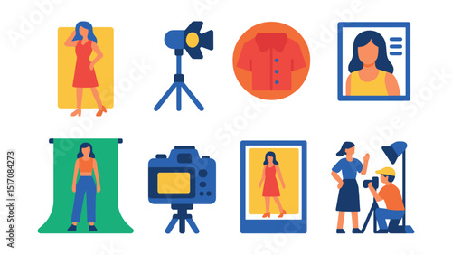 Flat vector icons of fashion photography: model pose, studio lighting, outfit close-up, editorial style, wide shot, camera setup, lookbook photo, behind the scenes.
