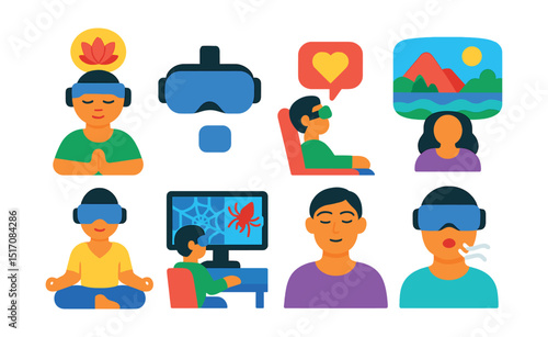 Flat vector icons of VR therapy and wellness: mindfulness VR icon, mental health support headset, therapeutic environment, calming VR landscape, guided meditation in VR, exposure therapy setup,