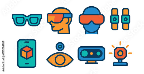 Flat vector icons of AR hardware: AR glasses, smart visor, AR headset, wearable sensors, mobile AR viewer, smart contact lens, depth-sensing camera, motion tracking device.