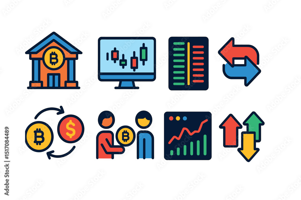 Fototapeta premium Flat vector icons of crypto exchanges and platforms: exchange building icon, trading screen, order book interface, swap arrows, crypto-to-fiat icon, P2P exchange, chart panel, market ticker.