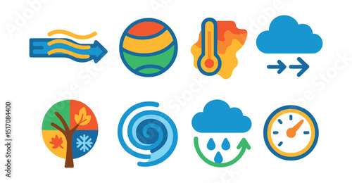 Flat vector icons of weather patterns: jet stream, climate zone icon, temperature map, cloud movement, seasonal icon, polar vortex, rain cycle, atmospheric pressure.