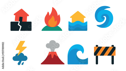 Flat vector icons of natural disasters: earthquake wave, wildfire flame, flood waters, hurricane spiral, lightning strike, volcanic eruption, tsunami icon, disaster zone.