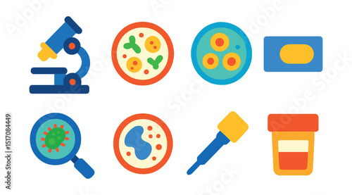 Flat vector icons of microscope and microbiology: microscope lens, bacteria sample, cell culture, glass slide, microbe view, biology stain, microscope adjustment, specimen container.