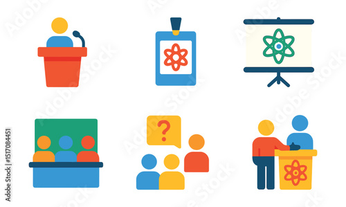 Flat vector icons of science conferences and talks: speaker podium, scientific audience, science event badge, projector screen, panel discussion, Q&A icon, workshop icon, science keynote.