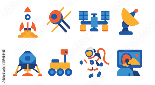 Flat vector icons of space exploration: rocket launch, space probe, space station, satellite dish, lunar lander, Mars rover, spacewalk icon, mission control.