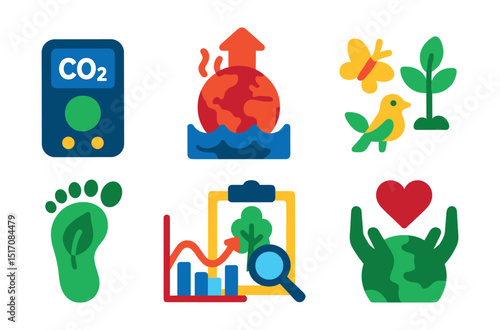 Flat vector icons of environmental science: CO2 monitor, global warming, sea level rise, biodiversity icon, ecological footprint, climate graph, habitat study, conservation icon.