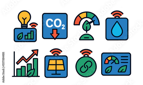 Flat vector icons of IoT sustainability and green tech: smart energy use icon, carbon tracking symbol, eco-efficiency meter, water usage monitor, environmental impact graph, solar IoT device, green