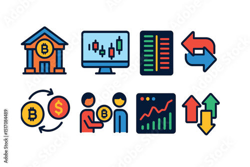 Flat vector icons of crypto exchanges and platforms: exchange building icon, trading screen, order book interface, swap arrows, crypto-to-fiat icon, P2P exchange, chart panel, market ticker.