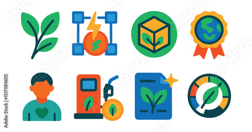 Flat vector icons of environmental impact and sustainability: green mint icon, energy-efficient blockchain, carbon-neutral NFT, offset badge, eco-conscious collector, low-gas minting, clean contract