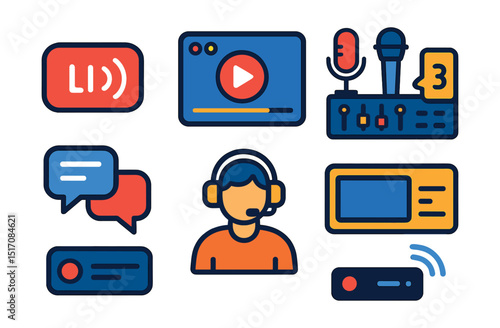 Flat vector icons of live streaming: livestream icon, broadcast panel, audio setup, viewer count, comments feed, stream overlay, technical crew, streaming device.