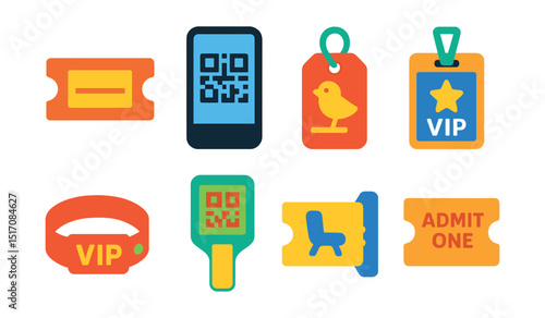Flat vector icons of tickets and passes: paper ticket, mobile QR pass, early bird tag, VIP badge, wristband icon, ticket scanner, seat assignment, admit one.