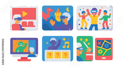 Flat vector icons of metaverse entertainment: virtual cinema, immersive story scene, avatar dance party, in-world music player, animated short film, interactive game show, AR magic trick,