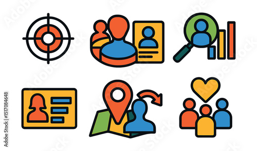 Flat vector icons of targeting and audience: target icon, segmentation, buyer persona, audience insights, demographic profile, behavioral data, geotargeting, interest group.