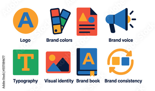 Flat vector icons of branding and identity: logo icon, brand colors, style guide, brand voice, typography icon, visual identity, brand book, brand consistency.