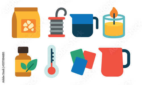 Flat vector icons of candle making: soy wax bag, wick spool, melting pot, glass jar, essential oil bottle, thermometer, color chips, pouring pitcher.