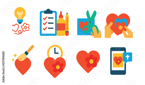 Flat vector icons of step-by-step craft: idea sketch, supplies checklist, cutting step, assembling pieces, decorating step, drying time, finished result, share photo.