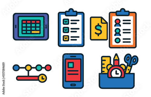 Flat vector icons of event planning tools: digital planner, event checklist, budget sheet, vendor list, timeline icon, mobile event app, plan board, organizer toolkit.