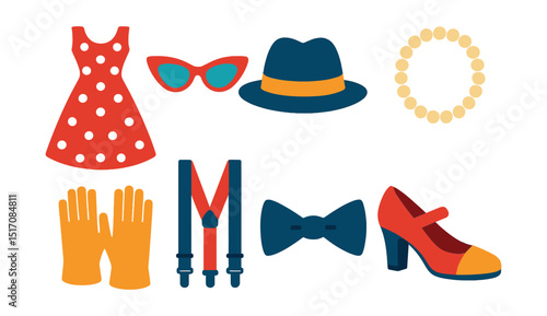 Flat vector icons of vintage fashion: polka dot dress, cat eye glasses, fedora hat, pearl necklace, leather gloves, suspenders, bow tie, retro heels.