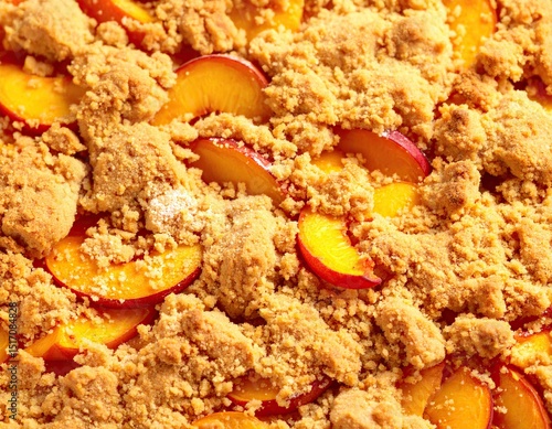 Peach crumble pie, close-up view