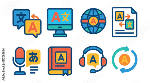 Flat vector icons of translation and multilingual tools: translation icon, language selector, globe with text, translated document, speech-to-text, dictionary app, translator headset, auto translate.