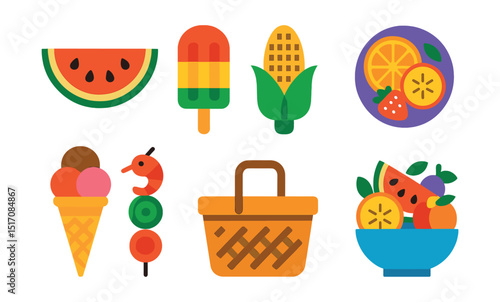 Flat vector icons of summer foods: watermelon slice, popsicle, grilled corn, tropical fruit plate, ice cream cone, seafood skewer, picnic basket, fruit salad.