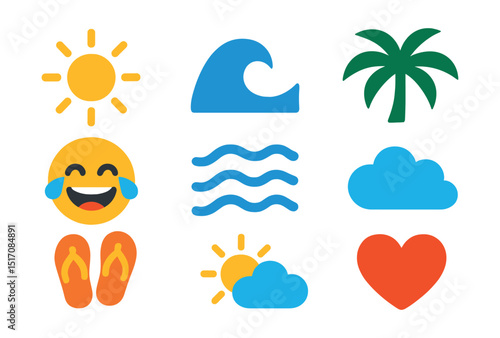 Flat vector icons of summer mood: sun icon, beach wave, laughter emoji, palm shadow, ocean breeze, flip-flop trail, sunny cloud, vacation heart.