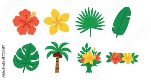 Flat vector icons of tropical flora: hibiscus flower, plumeria, palm leaf, banana leaf, monstera, coconut palm, tropical bouquet, floral crown.